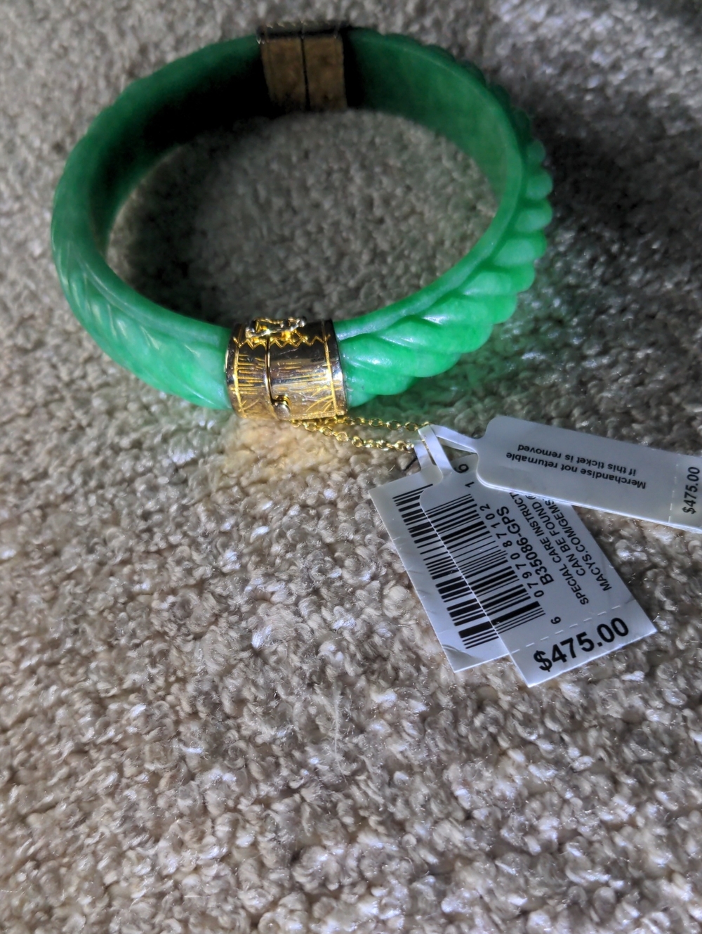 New Jade Bangle Bracele, 14kt Gold Over Sterling, Hand Carved